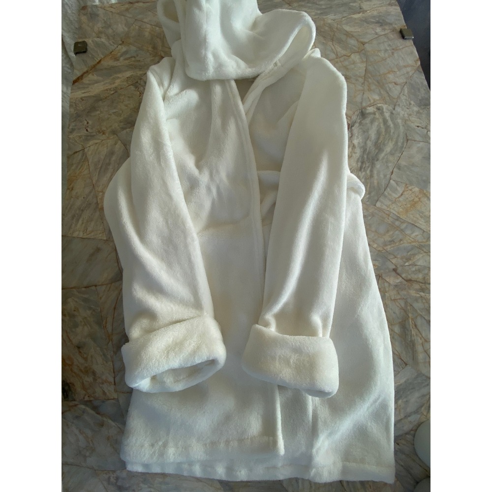 Gap Kids White Fleece Hooded Bathrobe Size 14 Recycled Polyester Tie Waist Robe - Picture 16 of 16